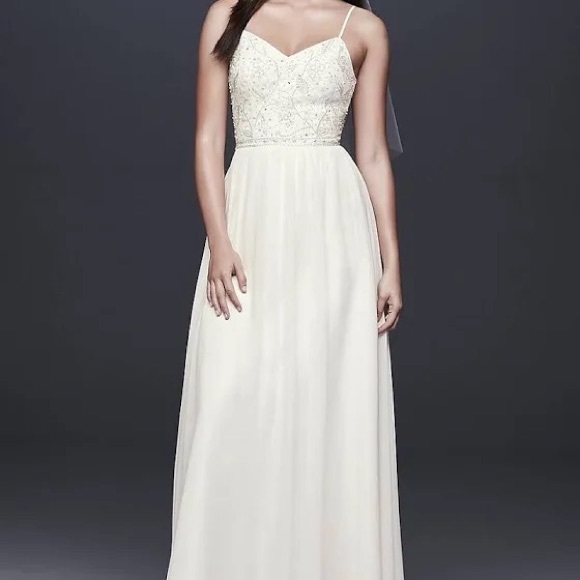 David's Bridal Dresses & Skirts - NWT Minimalist. Beaded Ballerina Bodice Soft Chiffon Sheath Dress. Never worn.